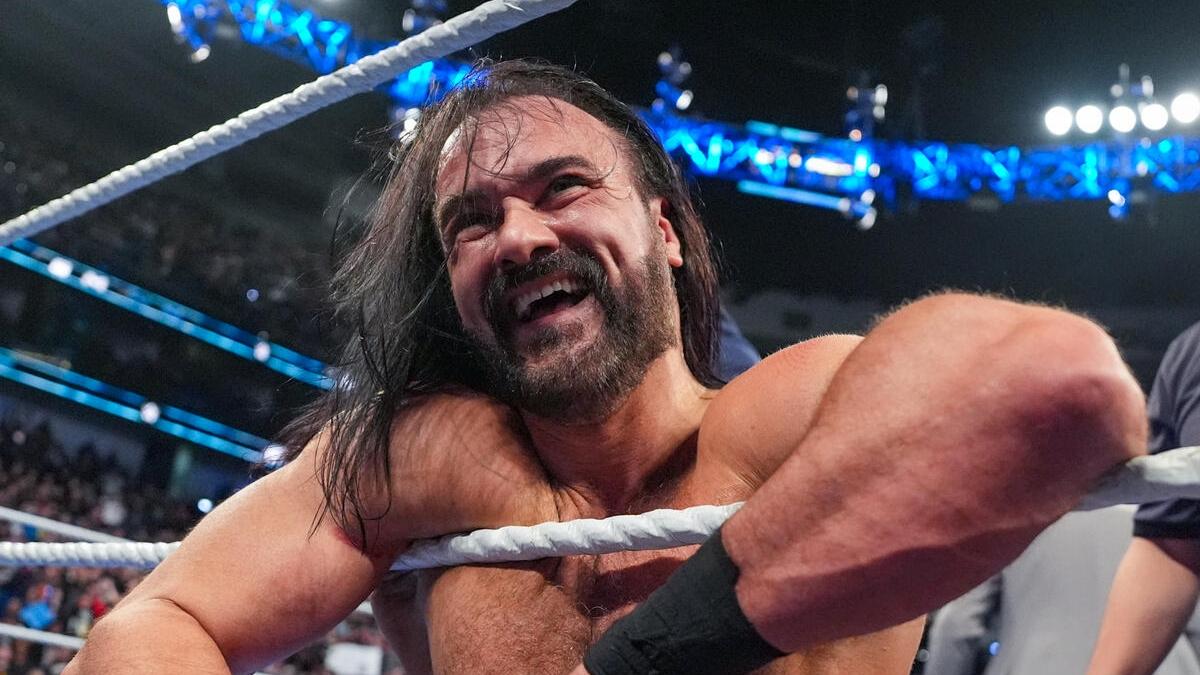 WWE star Drew McIntyre smiles after a match on SmackDown in February 2025