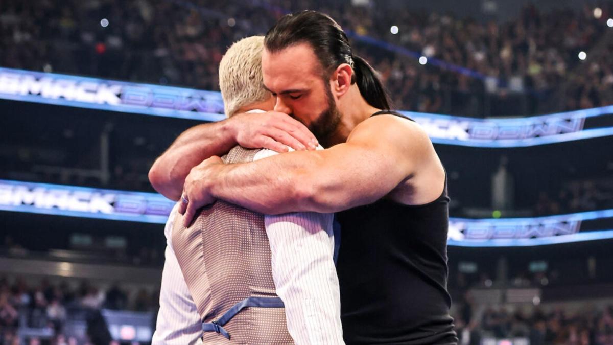 Drew McIntyre hugging Cody Rhodes