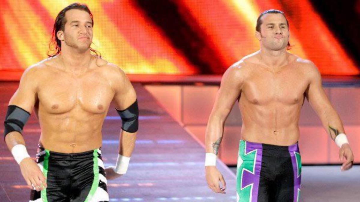 Dudebusters of Caylen Croft on the right and Trent Barreta on the left walking to the ring on WWE TV