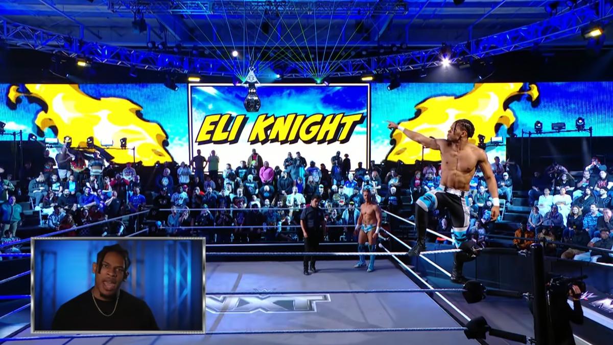 Eli Knight pointing at his own name on WWE NXT