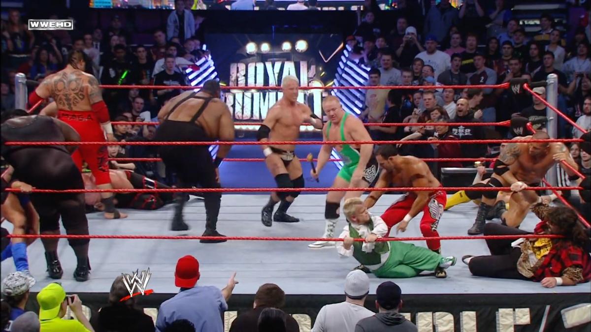Finlay about to hit Chavo Guerrero with a shillelagh at WWE Royal Rumble 2008
