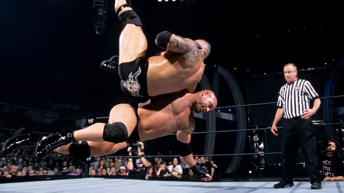 Goldberg hitting The Rock with his own Rock Bottom at WWE Backlash 2003