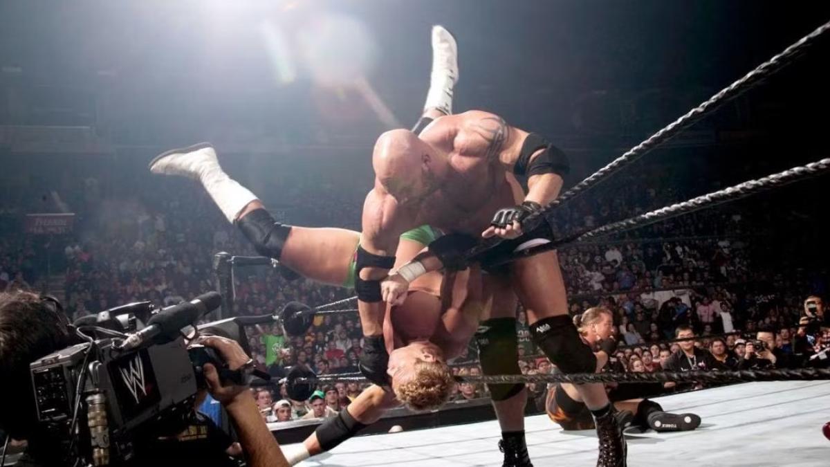 Goldberg clotheslining Billy Gunn at WWE Royal Rumble 2004