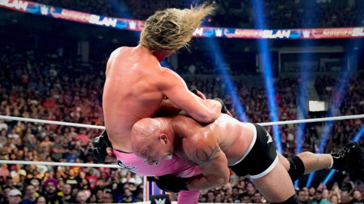 Goldberg spearing Dolph Ziggler at SummerSlam 