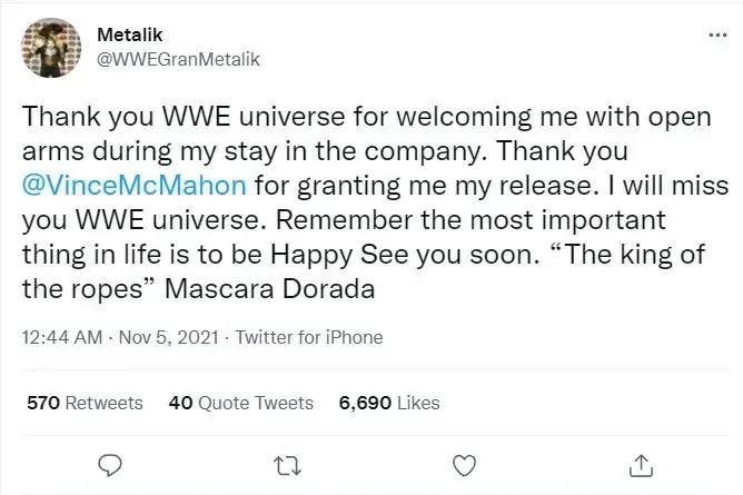 Gran metalik wwe tweet departure