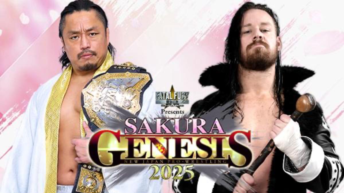 Hirooki Goto vs. David Finlay graphic for NJPW Sakura Genesis 2025