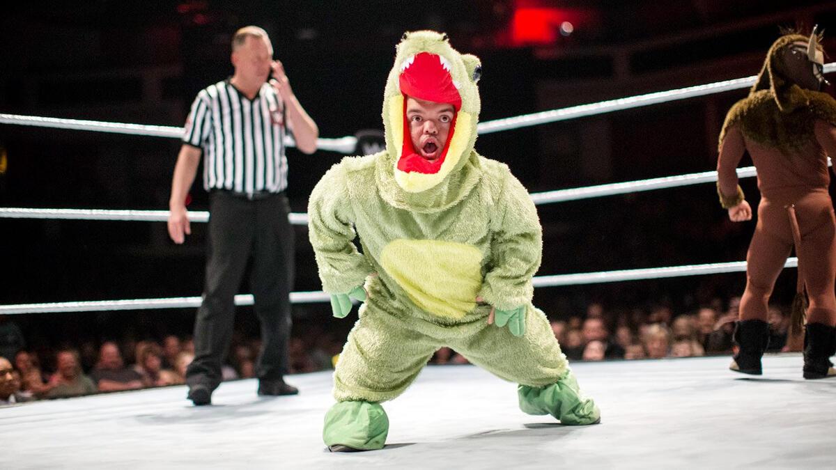 Hornswoggle wears a comical alligator suit during a WWE live event