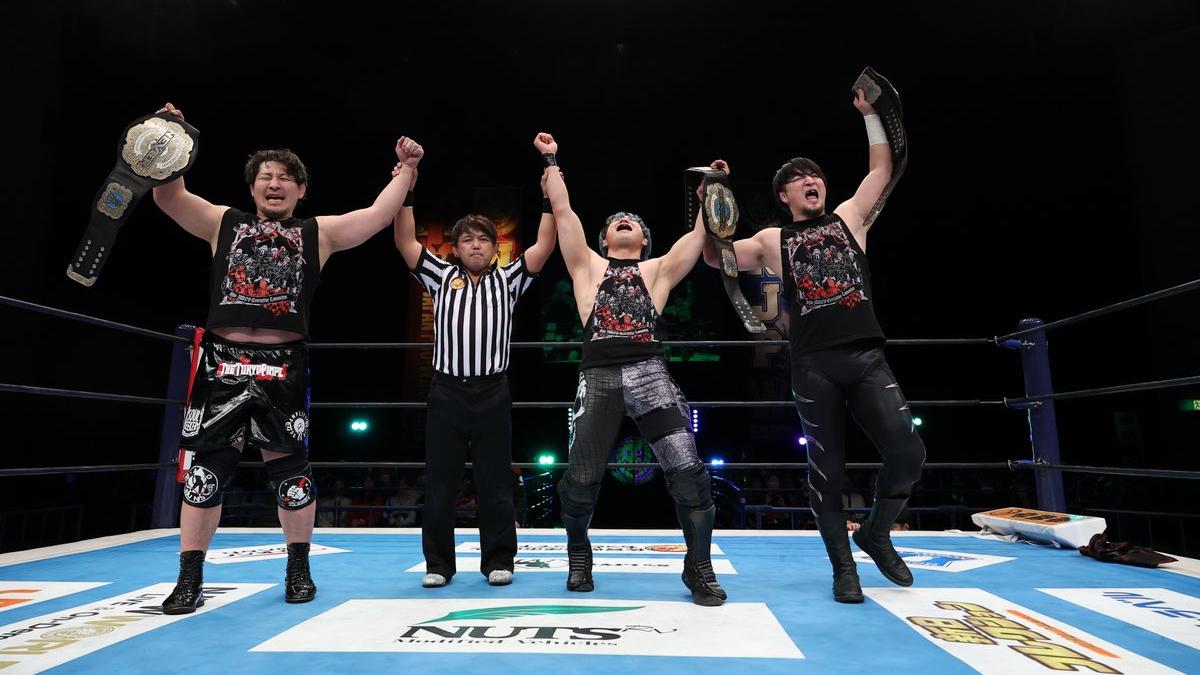 House of Torture celebrating their title win at NJPW Road To New Beginning