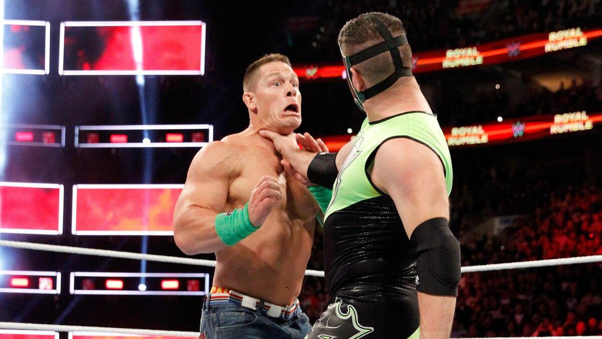 The Hurricane grabbing John Cena's throat at WWE Royal Rumble 2018