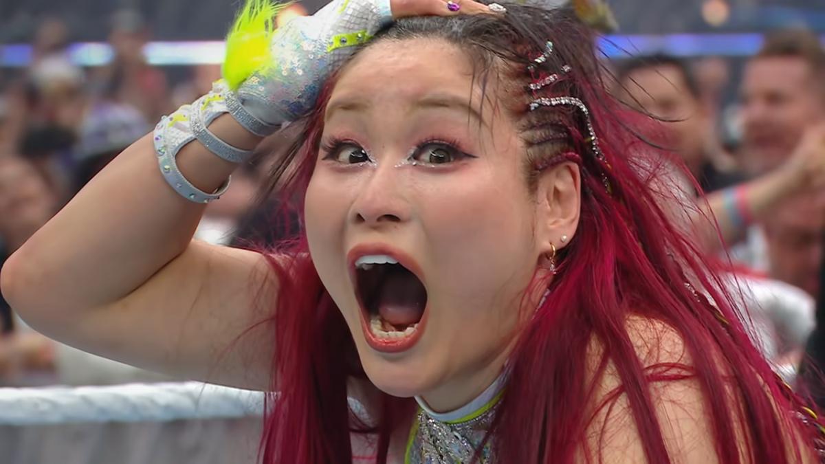 IYO SKY looking shocked with her mouth wide open at WrestleMania 41