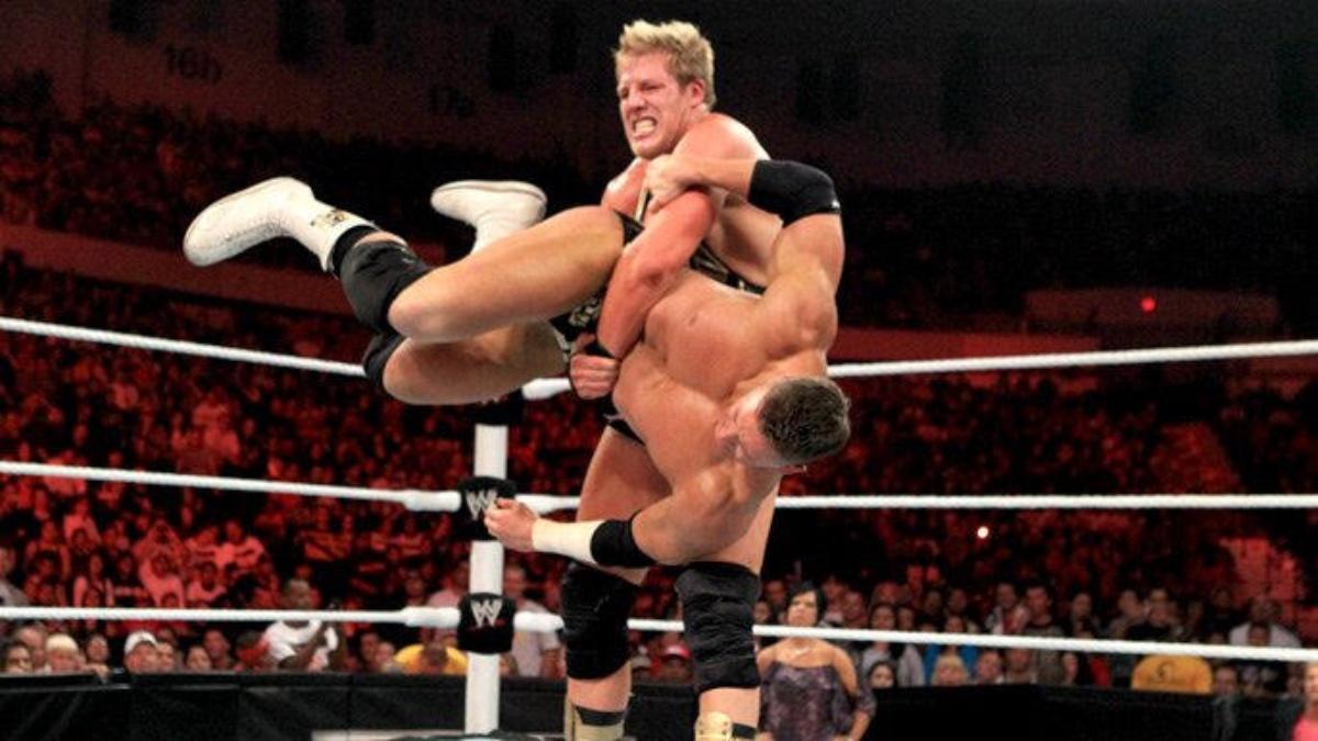 Jack Swagger hitting a Gutwrench Powerbomb to Alex Riley on a 2011 episode of WWE Raw