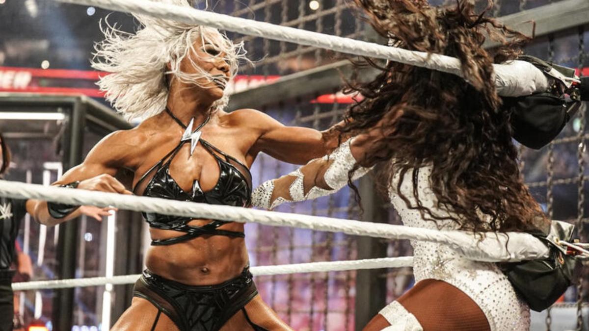 Jade Cargill striking Naomi inside Elimination Chamber 