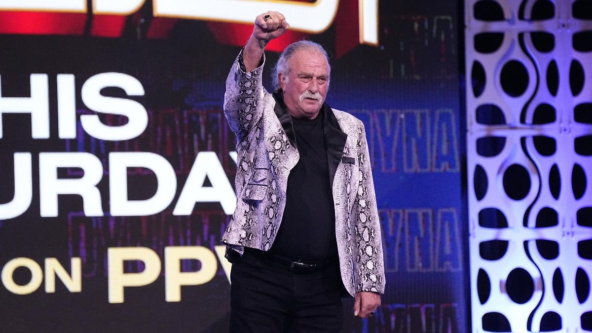 Jake Roberts in a snakeskin jacket raising his first in the air on the AEW Dynamite stage