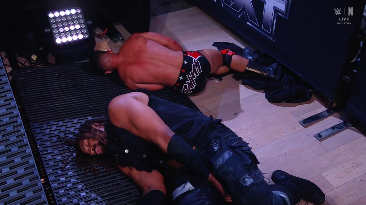 Ricky Saints and Jasper Troy lay down on a ramp on WWE NXT