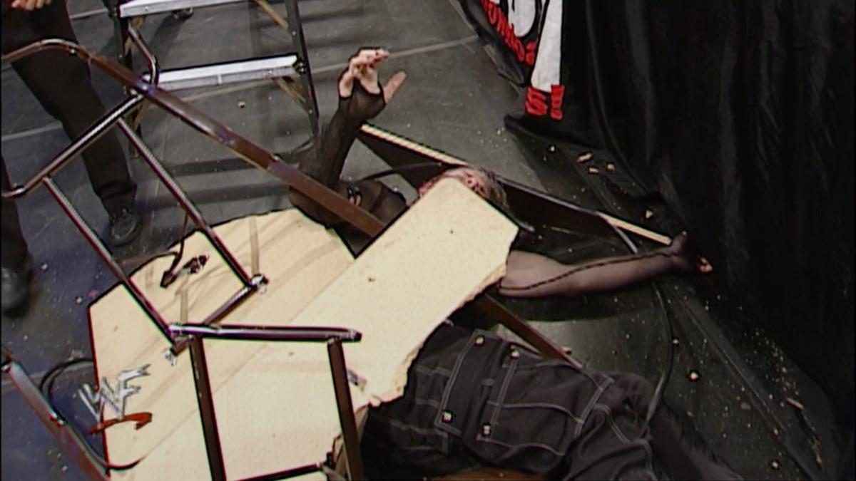 Jeff Hardy in pain on August 23, 2001 episode of SmackDown after going through a table