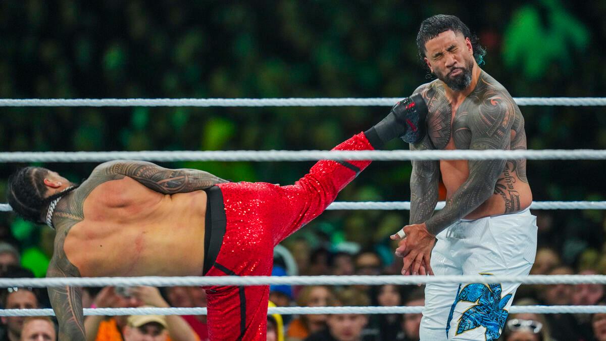 Jimmy Uso hitting Jey Uso with a Superkick at WWE WrestleMania 40