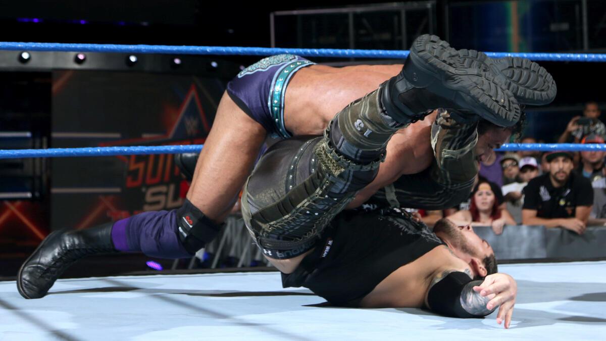 Jinder Mahal rolling up Baron Corbin on August 15, 2017 episode of WWE SmackDown