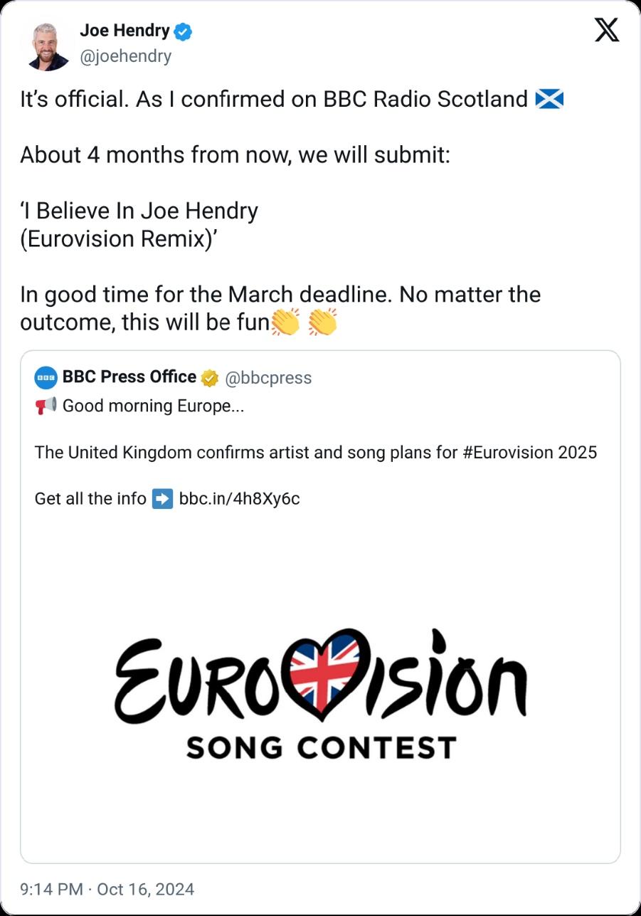 Joe Hendry's tweet about entering Eurovision