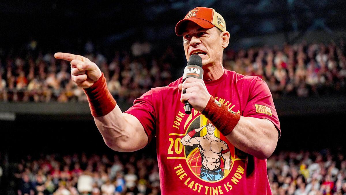 John Cena in red gear wearing WWE Raw on March 17, 2025 episode of Raw