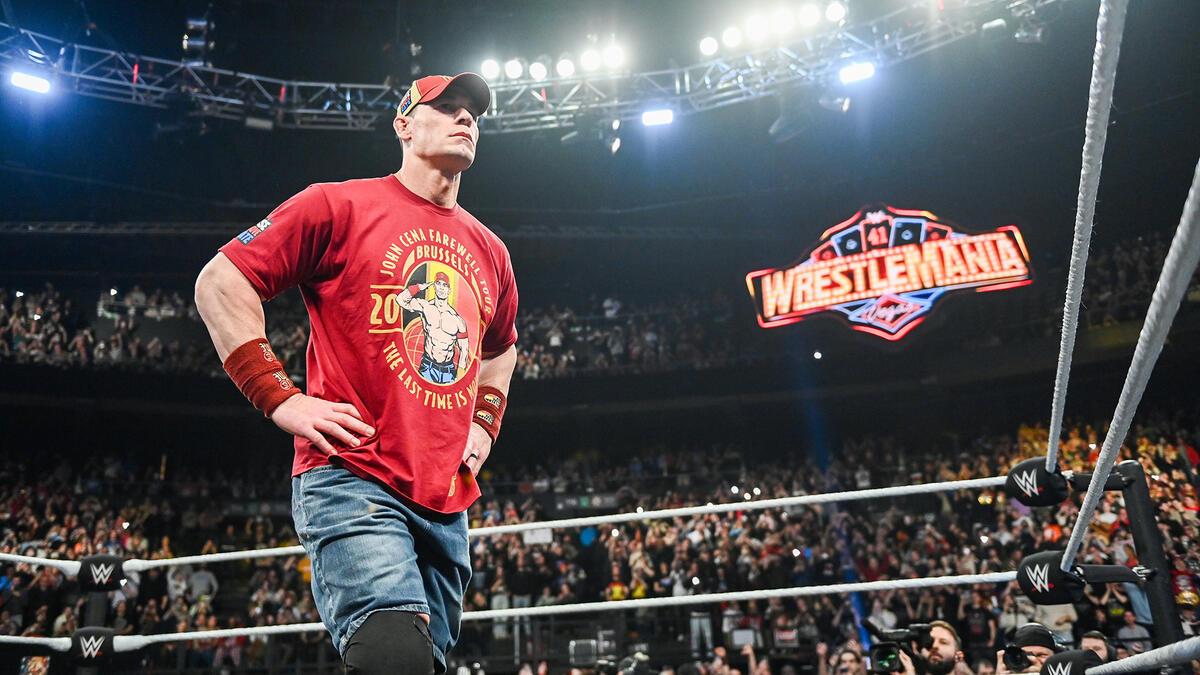 John Cena in the ring in front of the WrestleMania 41 sign on WWE RAW