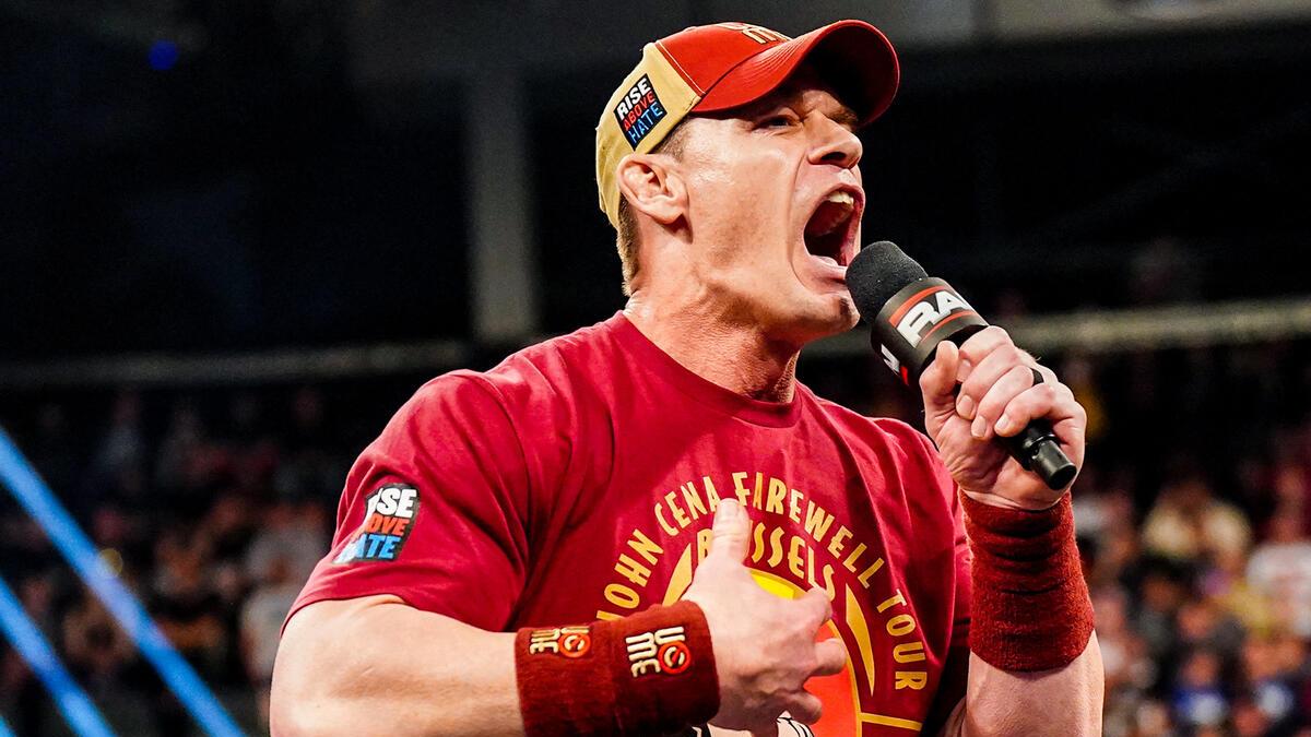 John Cena cutting a promo on the March 17, 2025 episode of WWE Raw