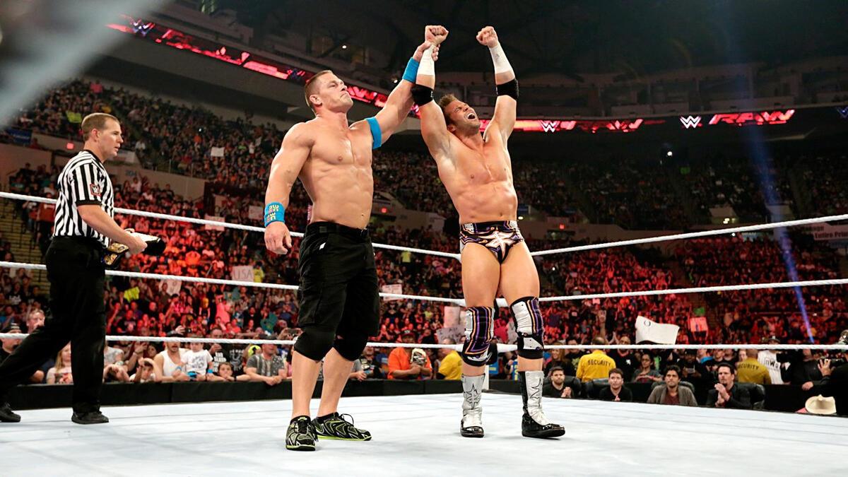 John Cena raising Zack Ryder's hand in 2015 on WWE Raw