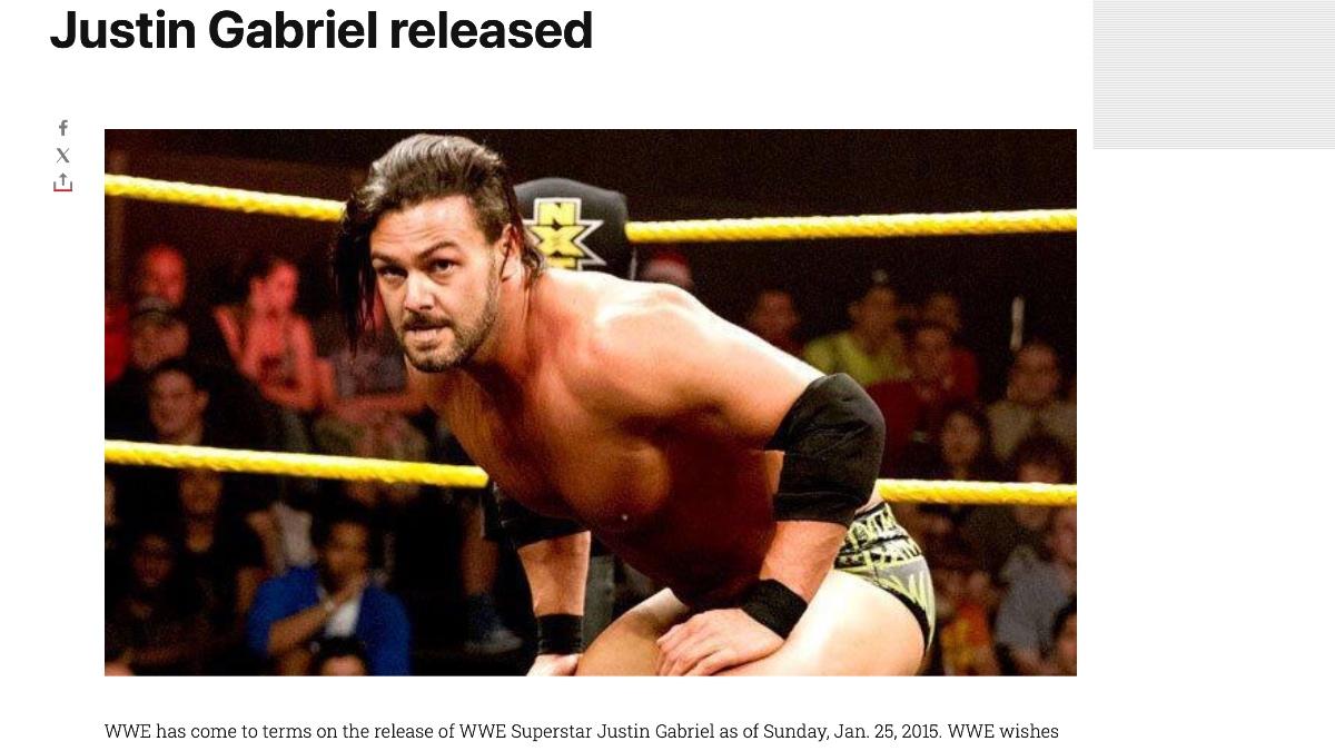 WWE.com article with an image of Justin Gabriel announcing his release from WWE