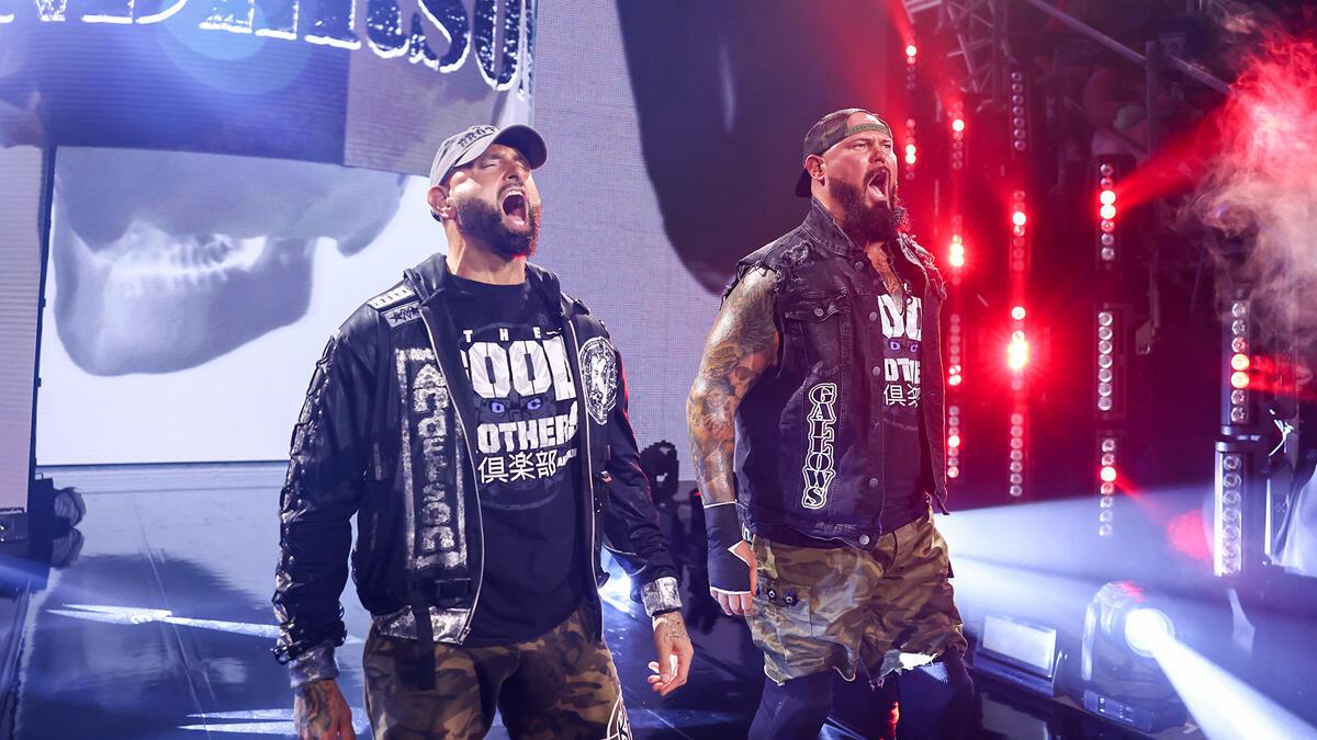 Luke Gallows and Karl Anderson making their entrance in camo gear and leather jackets on WWE NXT in September 2024