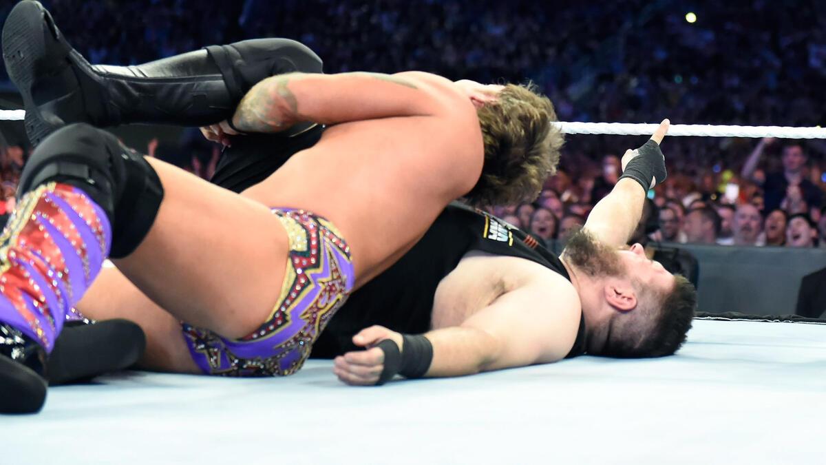 Kevin Owens with his finger on the rope against Chris Jericho at WrestleMania 33