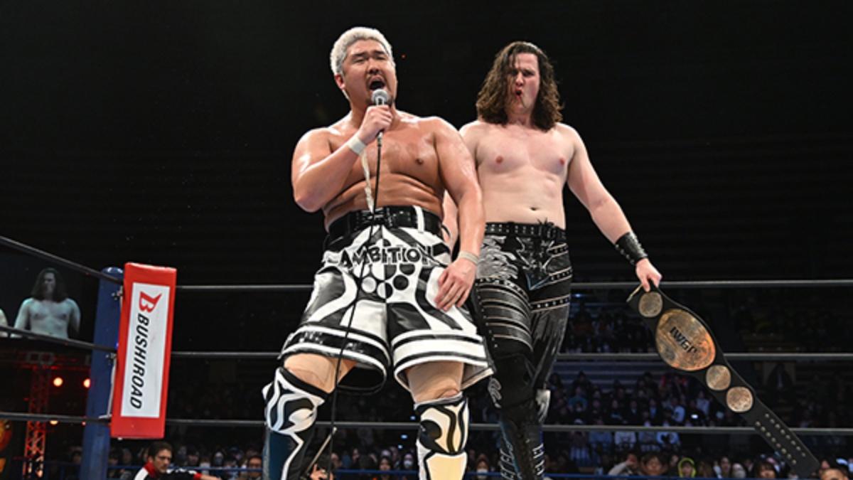 Knockout Brothers cutting a promo at NJPW New Year Dash 2026