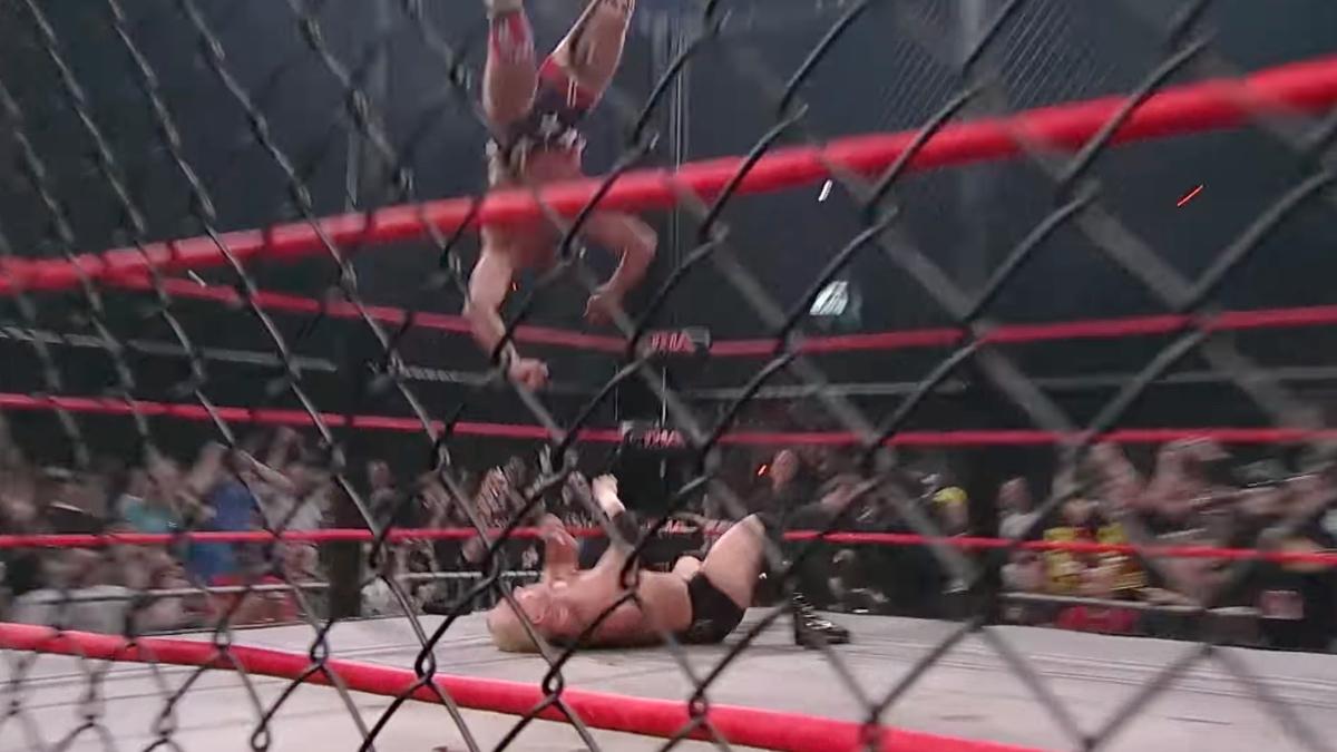 Kurt Angle hitting a moonsault from the top of the cage to Ken Anderson at TNA Lockdown 2010