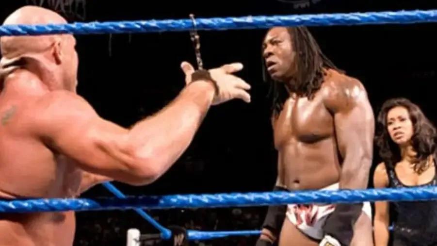 Kurt Angle- Booker T- Sharmell- WWE Judgement Day 2005.jpg