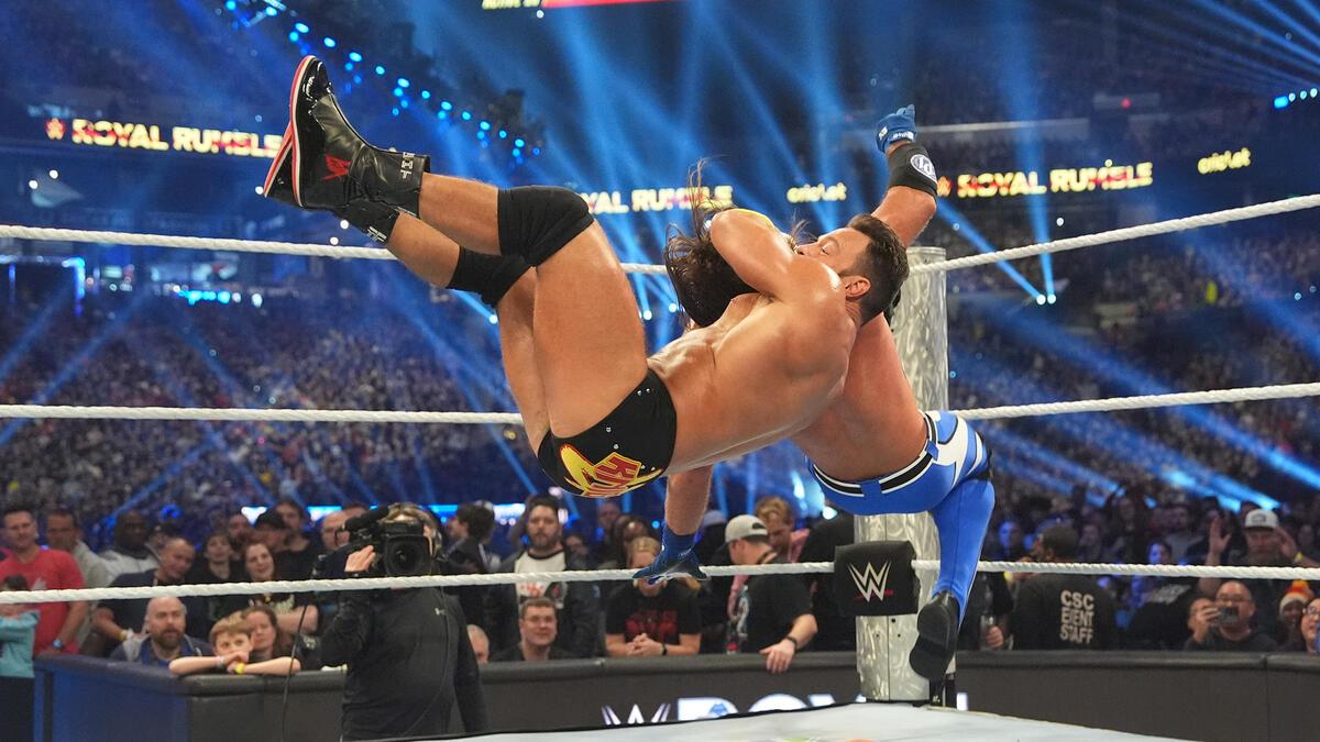 LA Knight hitting a neck breaker to AJ Styles at WWE Royal Rumble 2025