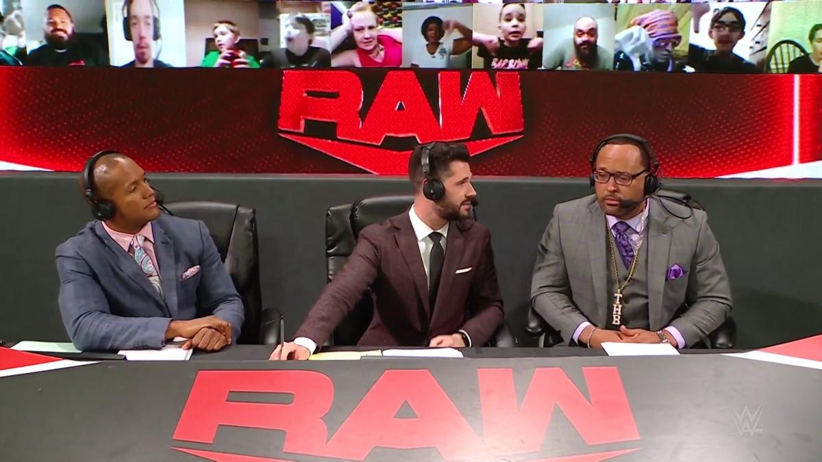 Byron Saxton, Tom Phillips and MVP sit at the announce table during an episode of Raw from 2021