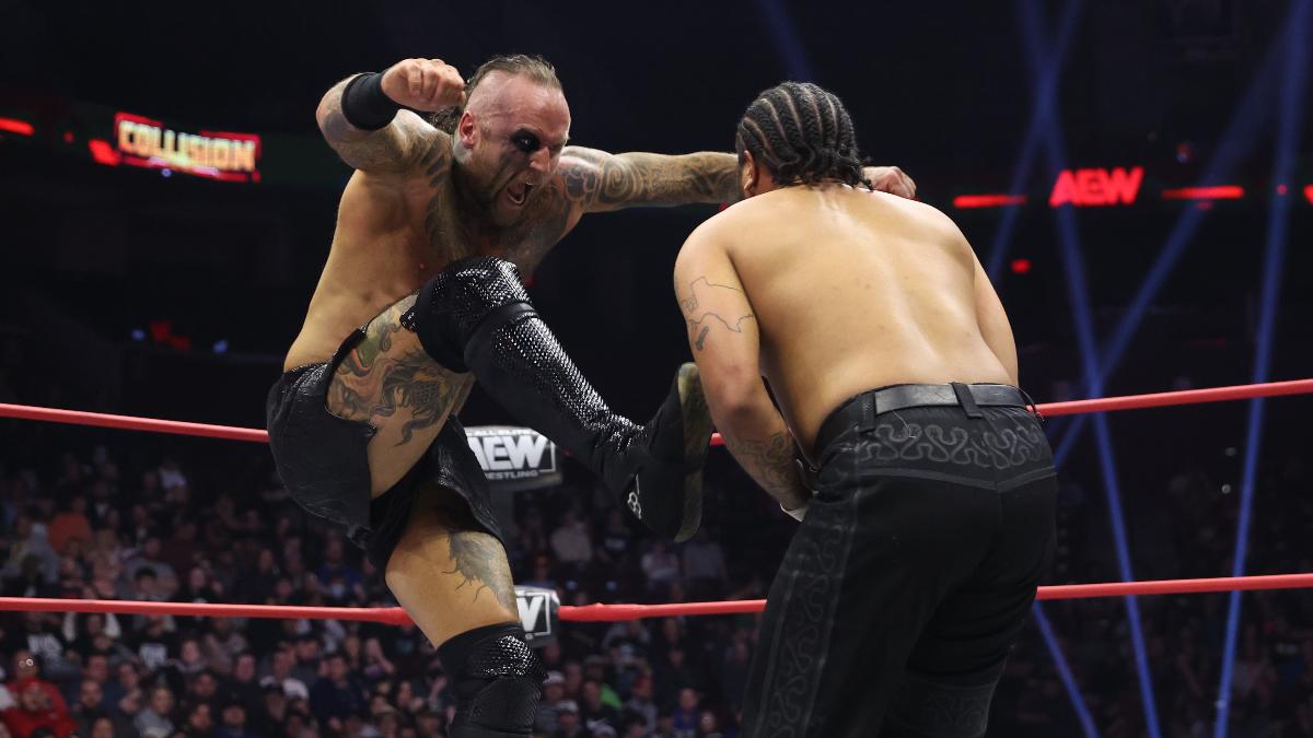 Malakai Black kicking Bryan Keith on a February 2024 episode of AEW Collision