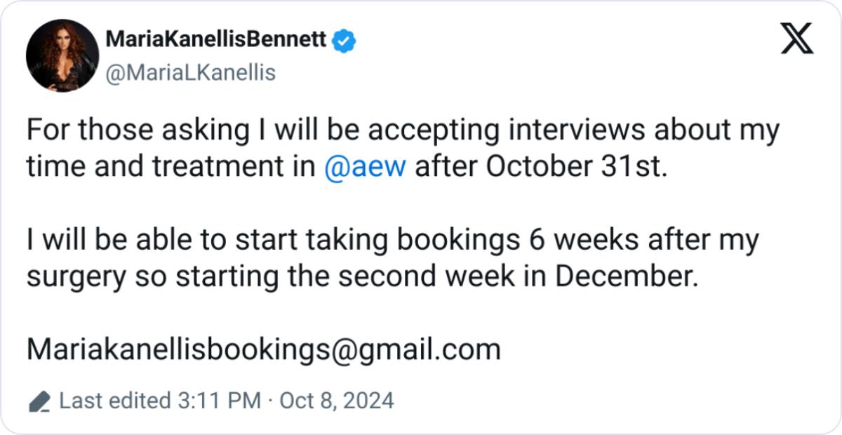 A post on X/Twitter from Maria Kanellis-Benett revealing that her AEW contract expires on October 31 2024 and she will be taking interview requests after this date.