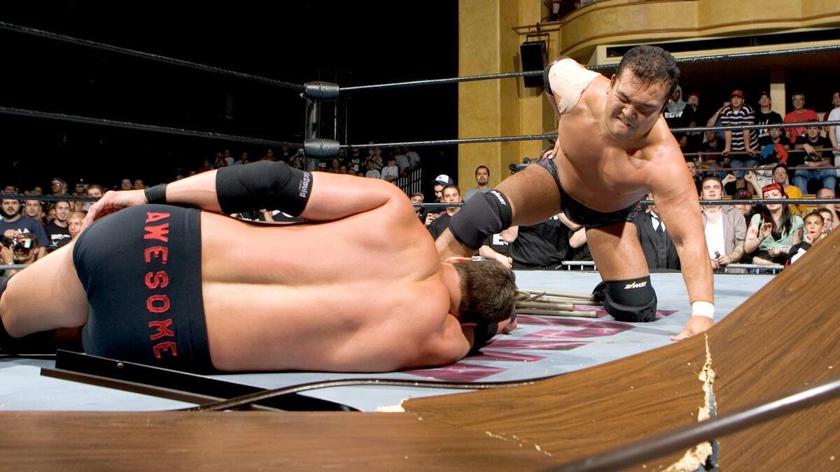 Mike Awesome and Masato Tanaka are both in pain during their match at ECW One Night Stand 2005