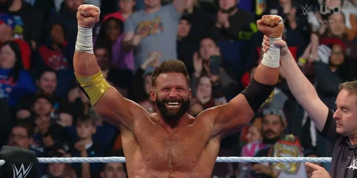 Matt Cardona with hand raised on SmackDown 