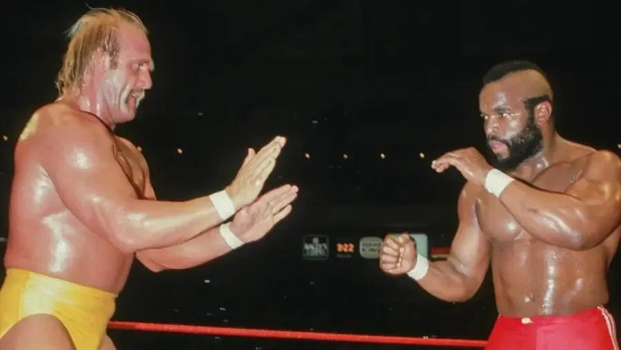 Mr t squares up with hulk hogan at wrestlemania 1