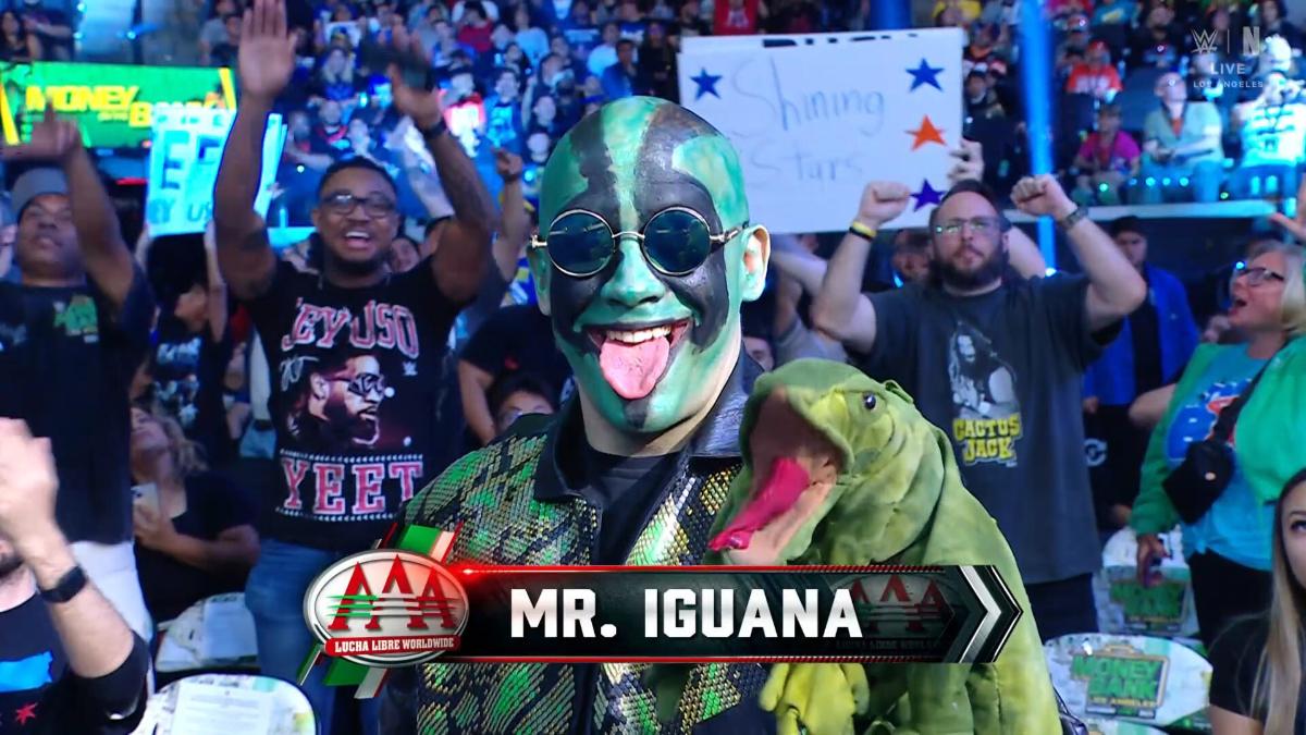 Mr. Iguana sticking his tongue out at WWE Money in the Bank