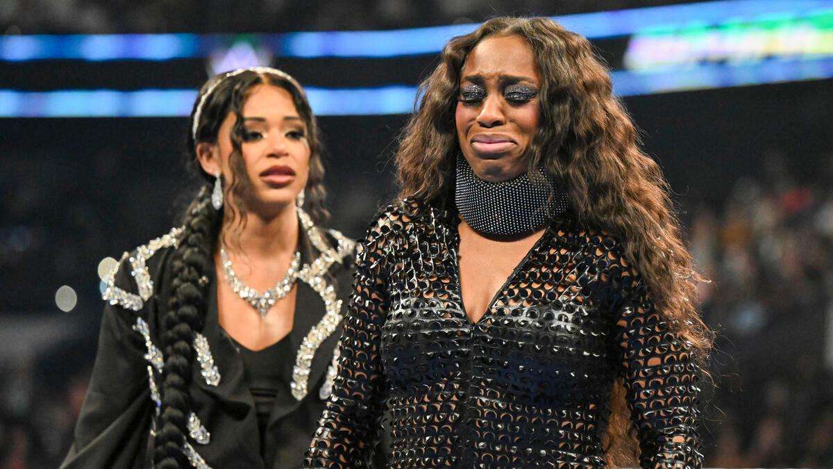 Naomi crying as Bianca Belair looks on at WWE SmackDown in March 2025