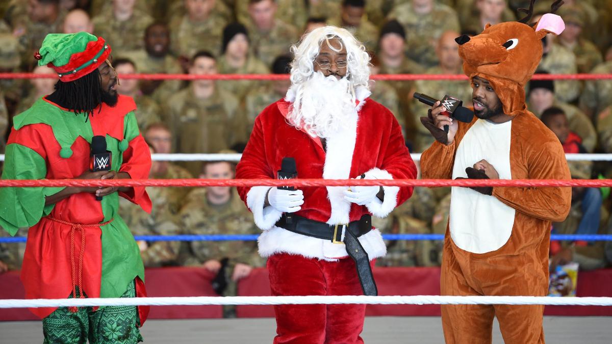 New Day dressed as Santa Claus, an Elf and a reindeer