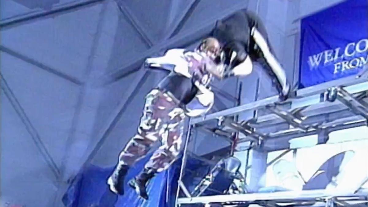 New Jack and Vic Grimes falling from a scaffold at ECW Living Dangerously 2000