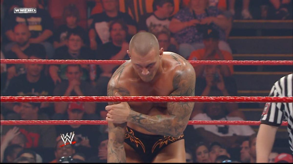 Randy Orton holding his dislocated shoulder at Over The Limit 2020