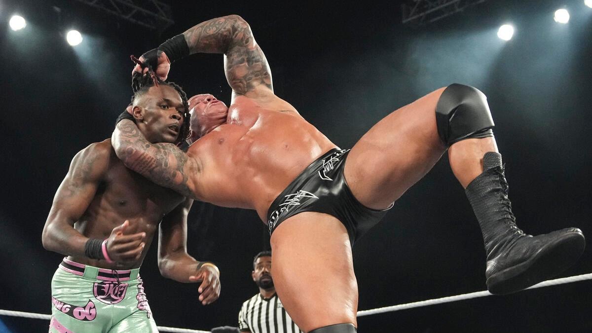 Randy Orton hitting an RKO on Je'Von Evans during an episode of WWE NXT