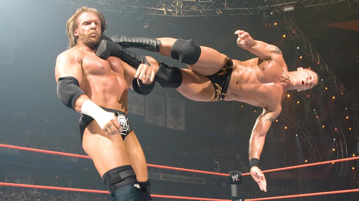 Randy Orton hitting a Dropkick to Triple H at WWE No Mercy 2007