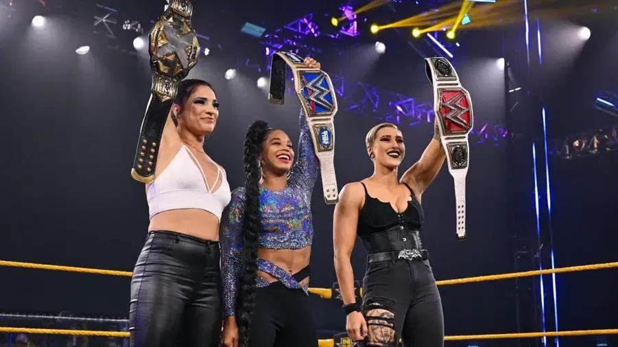 Raquel Gonzalez- Rhea Ripley- Bianca Belair- Champions- Salute- WWE NXT- April 2021.jpg