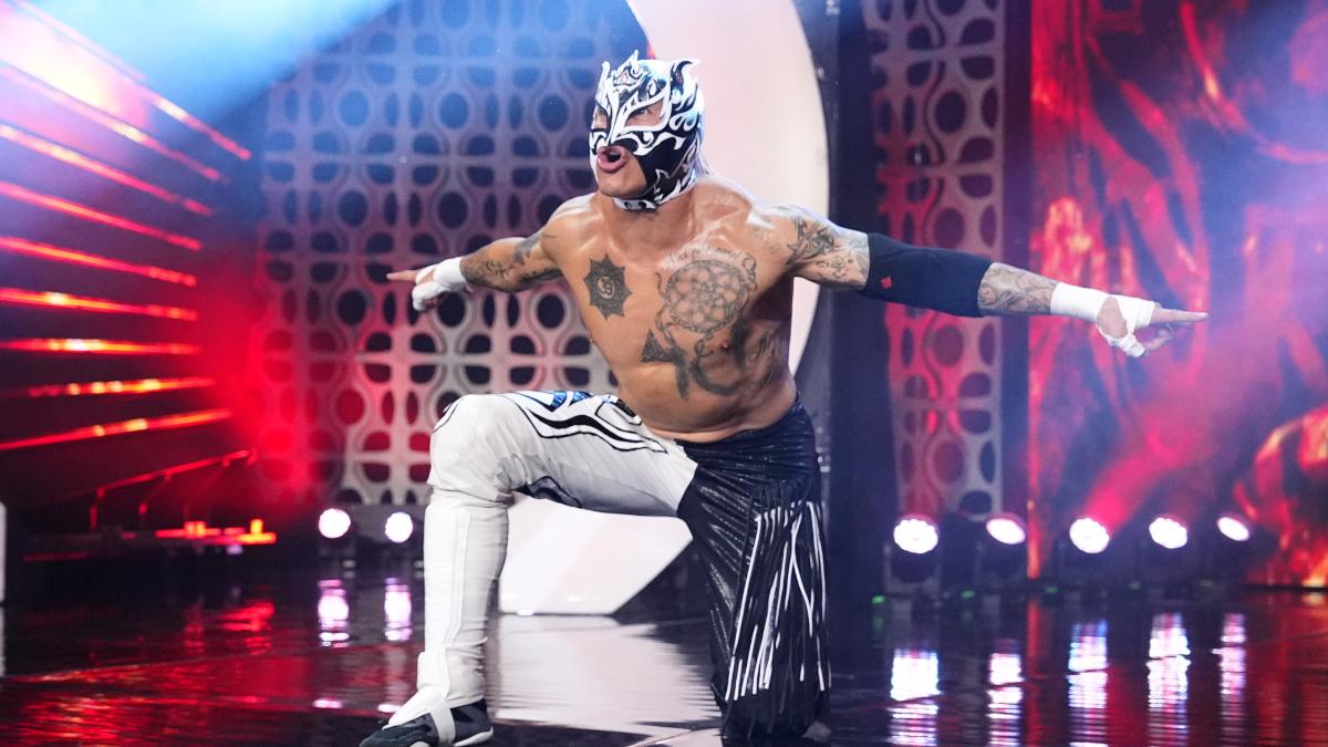 Rey Fenix making his entrance in black and white gear on AEW Dynamite in June 2024