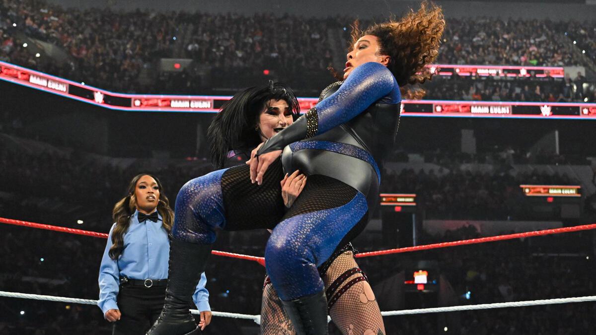 Rhea Ripley hitting Riptide on Nia Jax at WWE Saturday Night's Main Event