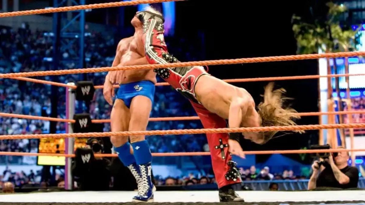 Ric Flair receiving a Super Kick at WWE WrestleMania 24